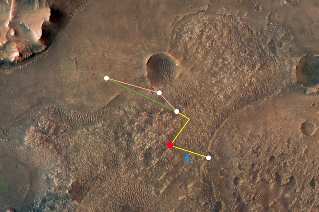 Questa immagine sopraelevata commentata dal Mars Exploration Orbiter (MRO) della NASA descrive i voli multipli e due rotte diverse che l'innovativo elicottero Mars dell'agenzia potrebbe raggiungere il delta del cratere Jezero.