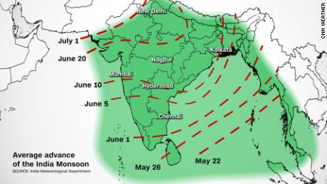Questo grafico mostra quando la stagione dei monsoni inizia di solito in tutta l'India.