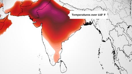 La mappa delle previsioni mostra che la maggior parte dell'India subirà temperature elevate venerdì: oltre 32°C/90°F (nei toni dell'arancione);  Oltre 38°C/100°F (in rosso);  o superiore a 43°C/110°F (rosa).