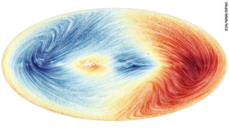 I dati di Gaia rivelano la velocità con cui più di 30 milioni di stelle della Via Lattea si stanno avvicinando o allontanando dalla Terra.  Il blu mostra le parti del cielo in cui il movimento medio delle stelle è verso di noi mentre il rosso mostra le aree in cui il movimento medio è più lontano da noi. 