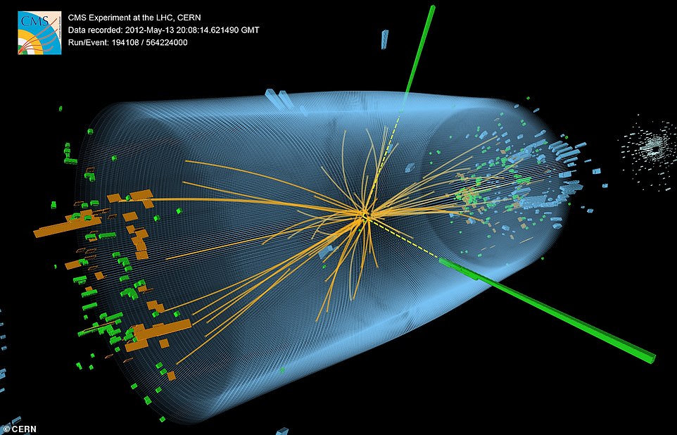 La scoperta del bosone di Higgs nel luglio 2012 costituisce la base per l'esistenza di tutte le particelle elementari nel nostro universo.  L'immagine sopra è una visualizzazione di un evento registrato nel rivelatore CMS al Large Hadron Collider del CERN.  Mostra le proprietà attese dal decadimento del bosone di Higgs SM in una coppia di fotoni