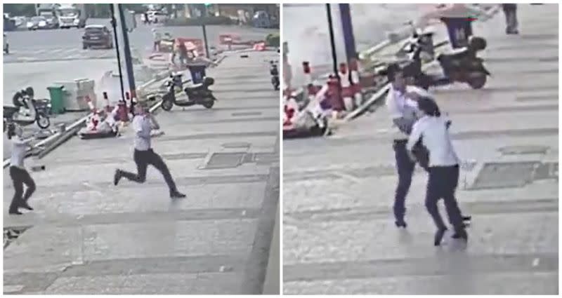 Un video clip che mostra il meraviglioso momento in cui un uomo sorprende un bambino che cade dal sesto piano di un edificio in Cina