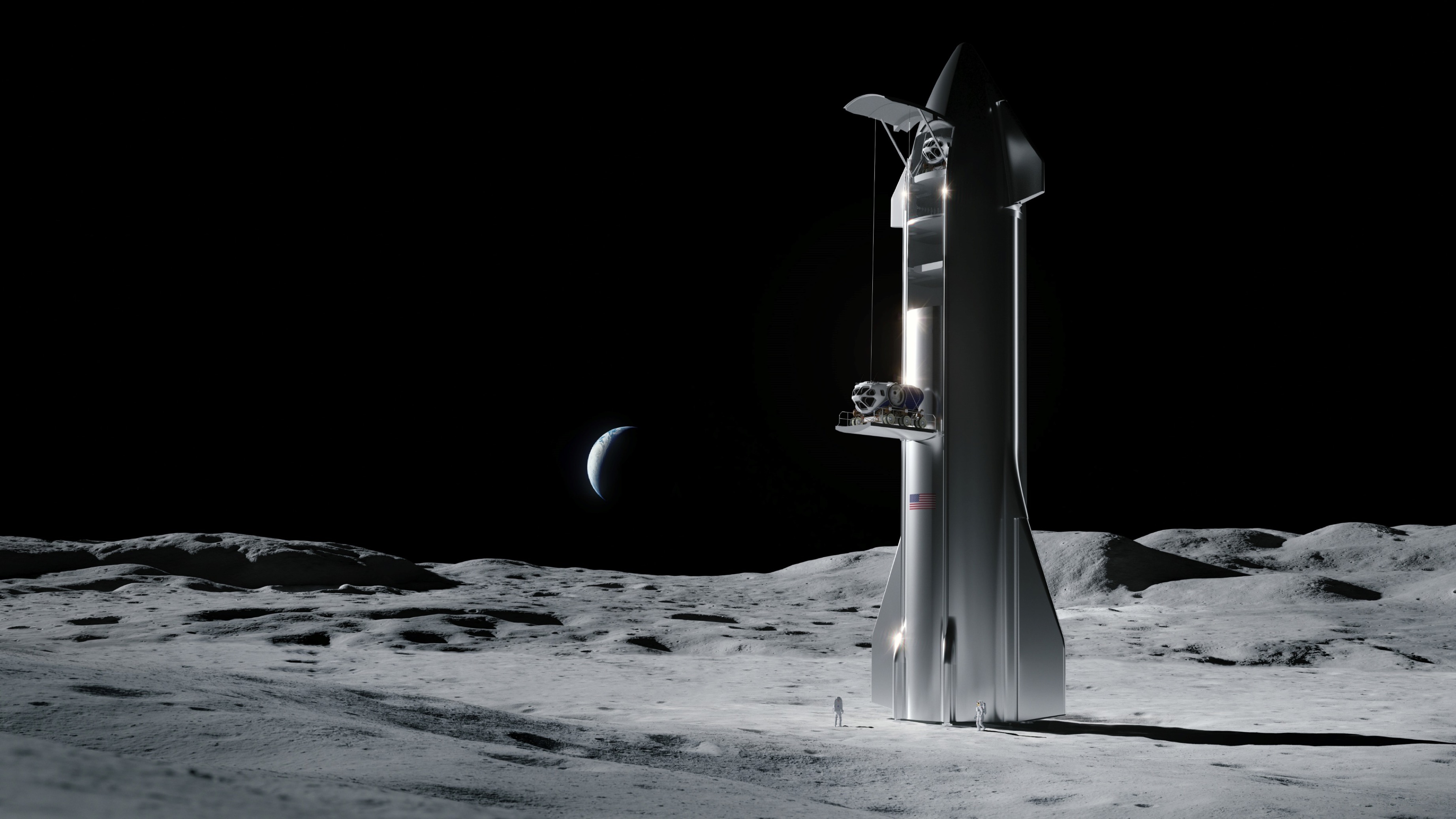 Illustrazione artistica della navicella spaziale SpaceX sulla Luna.
