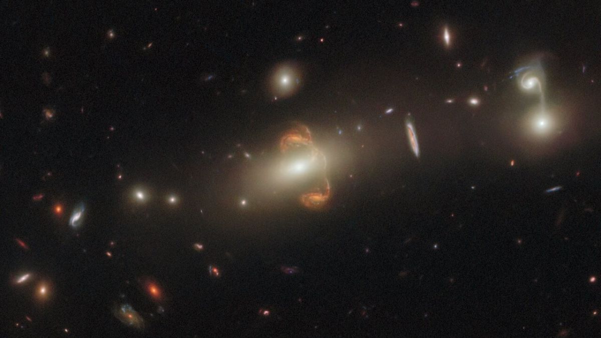 A galaxy and its reflection appear to form a ring around a bright patch of light.