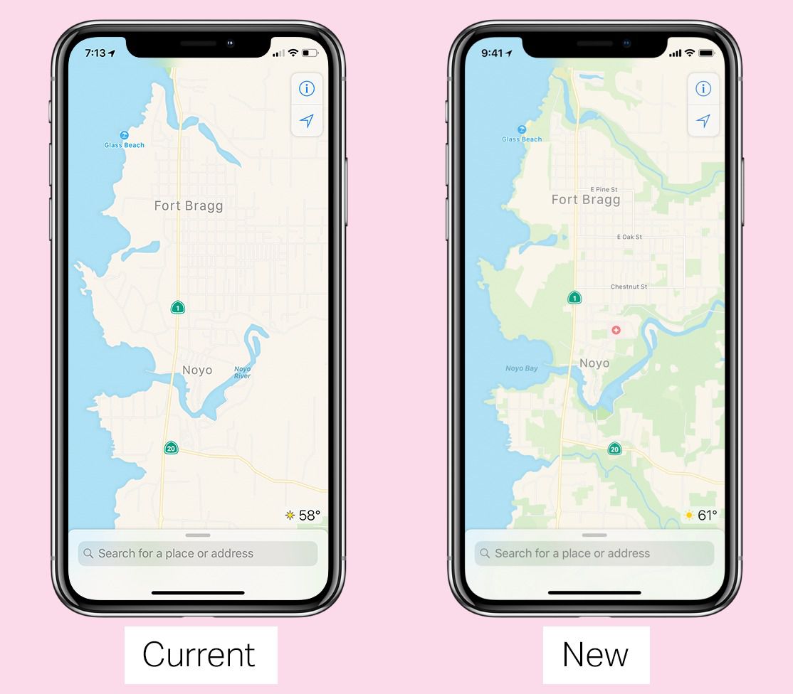 Screenshot sul mio iPhone che confrontano il vecchio design di Apple Maps con quello nuovo, che ha molti più dettagli.