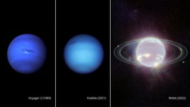 Foto affiancate di Nettuno scattate da Voyager 2 nel 1989, Hubble nel 2021 e Webb nel 2022.