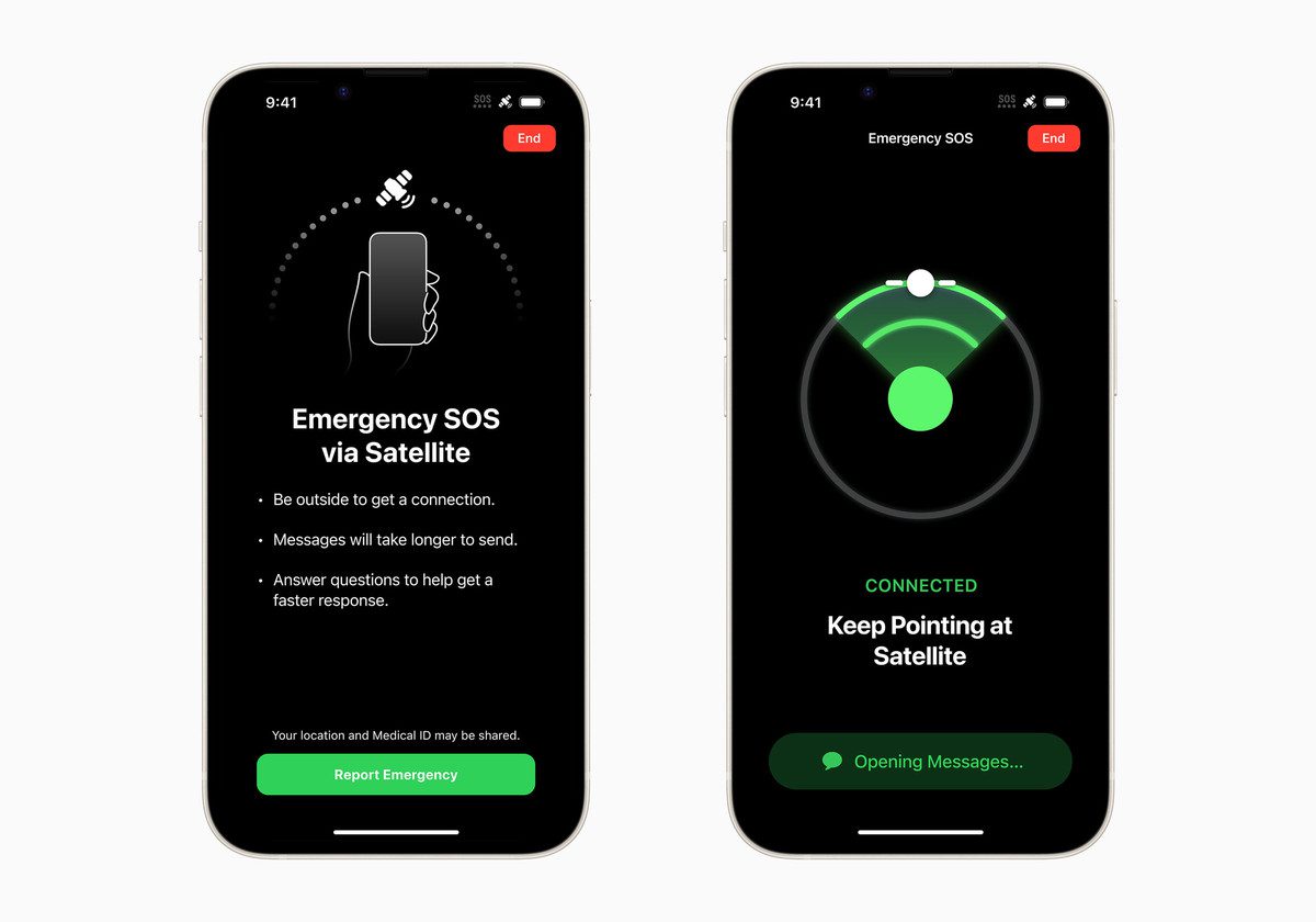 Due screenshot della funzione SOS di emergenza satellitare di Apple, uno che spiega la funzione e l'altro che mostra il telefono che cerca di localizzare un satellite.