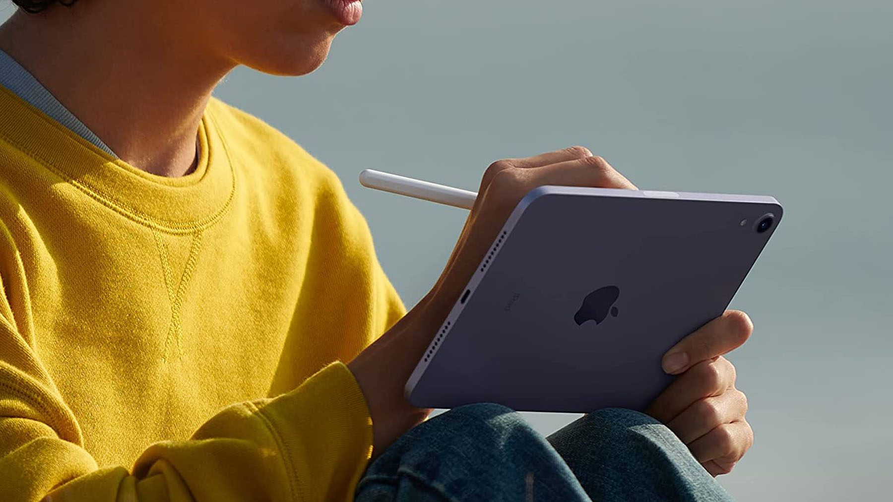 Inquadratura di una persona seduta su un iPad Mini mentre utilizza una Apple Pencil