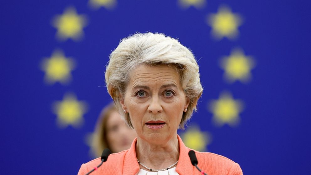 European Commission President Ursula von der Leyen speaks during a commission on Russia's escalation of its war of aggression against Ukraine, at the European Parliament, Wednesday, Oct. 5, 2022, in Strasbourg, eastern France. (AP Photo/Jean-Francois