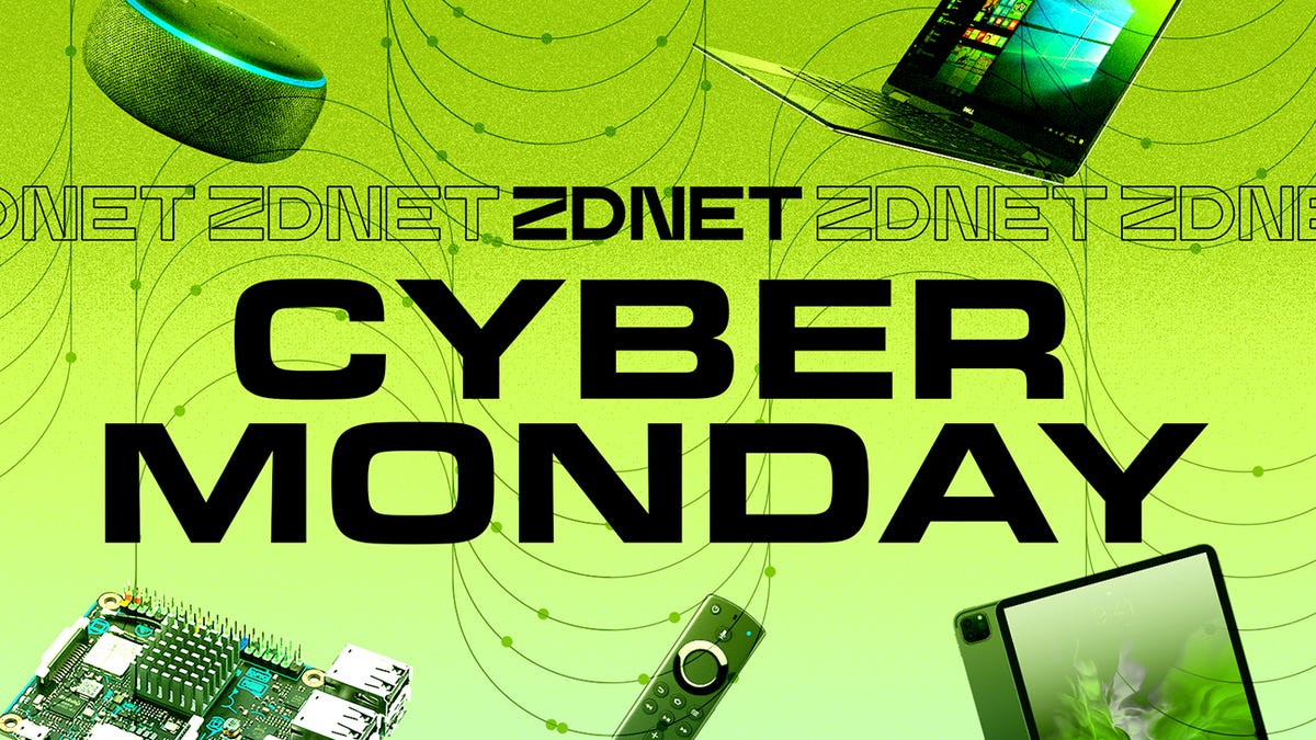 Grande testo bianco del Cyber ​​​​Monday con dispositivi elettronici dietro
