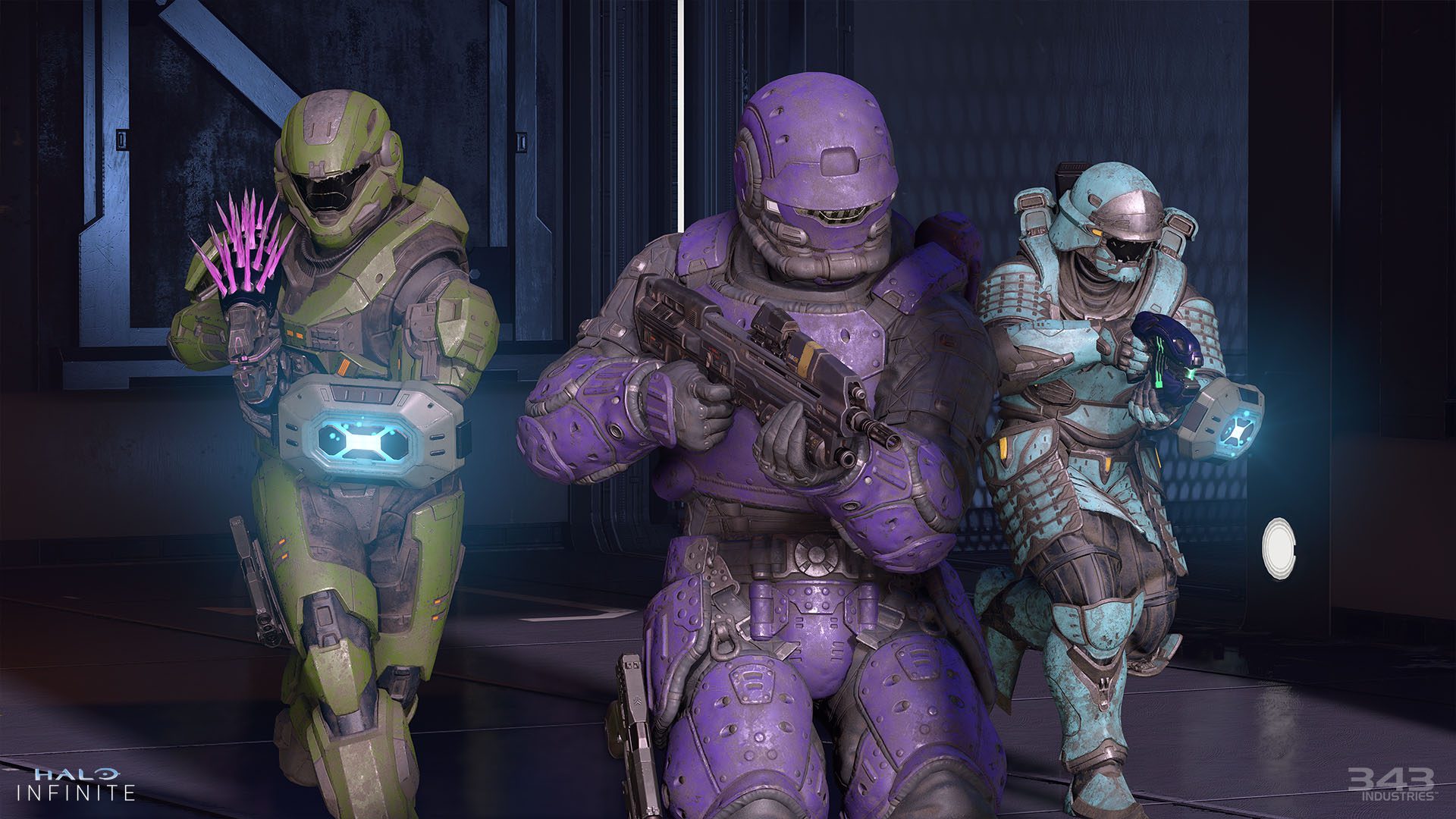 Lo screenshot di Halo Infinite mostra un'armatura spartana multi-core con rivestimenti cadetti