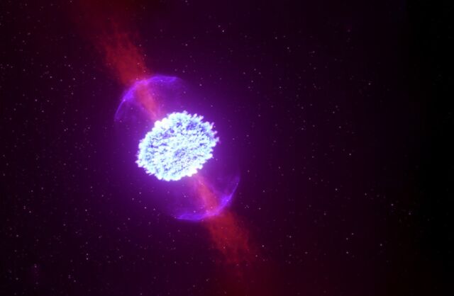 Quando le stelle di neutroni si fondono, possono produrre espulsioni radioattive che alimentano un segnale kilonova.  Un lampo di raggi gamma osservato di recente si è rivelato indicare un evento ibrido precedentemente non rilevato che coinvolge una kilonova.